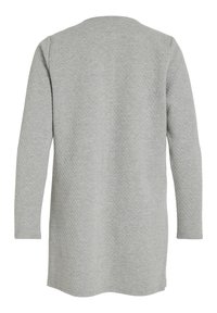 Cardigan en maille texturée gris clair à manches longues, avec un ourlet droit et sans fermetures visibles, présenté de dos.