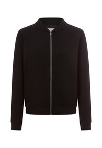 Schwarze Zip-Jacke mit geripptem Kragen und Bündchen, glatter Stoffoberfläche und seitlichen Taschen. Einfaches, minimalistisches Design.