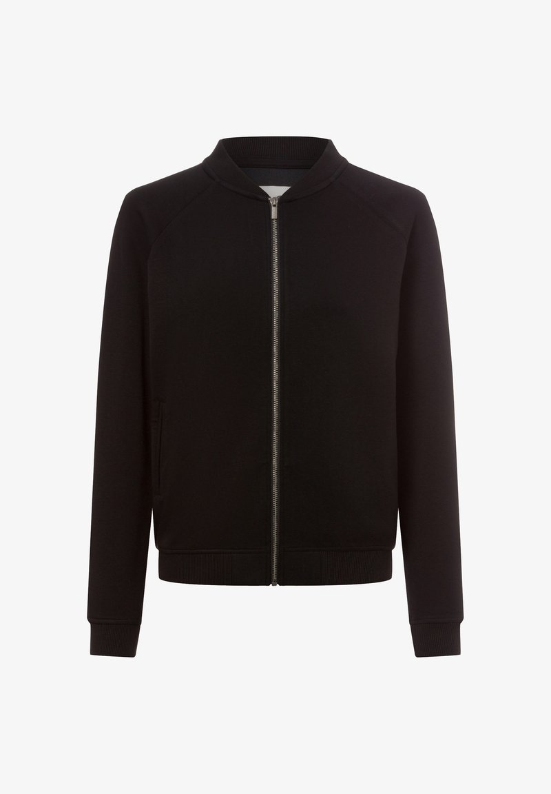 Schwarze Zip-Jacke mit geripptem Kragen und Bündchen, glatter Stoffoberfläche und seitlichen Taschen. Einfaches, minimalistisches Design.