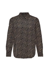 Chemise noire à motif géométrique beige, modèle boutonné, manches longues et col classique. Tissu lisse avec un léger éclat.