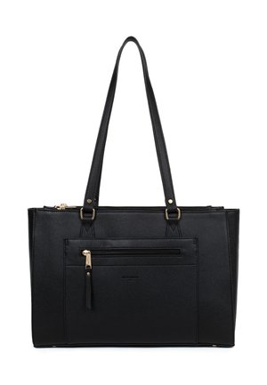 Zwarte leren draagtas met twee lange handvaten, een voorvak met rits en gouden ritssluitingdetails op een witte achtergrond.