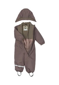 Brown waterproof one-piece suit with a detachable hood, elastic cuffs, and reflective white stripe at the ankles. Soft inner lining visible.