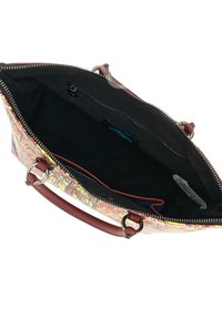 Borsa a mano colorata con motivo, chiusura con zip, manici in pelle e interno foderato con una piccola tasca con zip.
