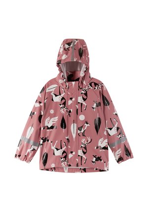Waterproof pink rain jacket featuring black and white animal and leaf patterns. It has a hood and reflective accents on the sleeves.