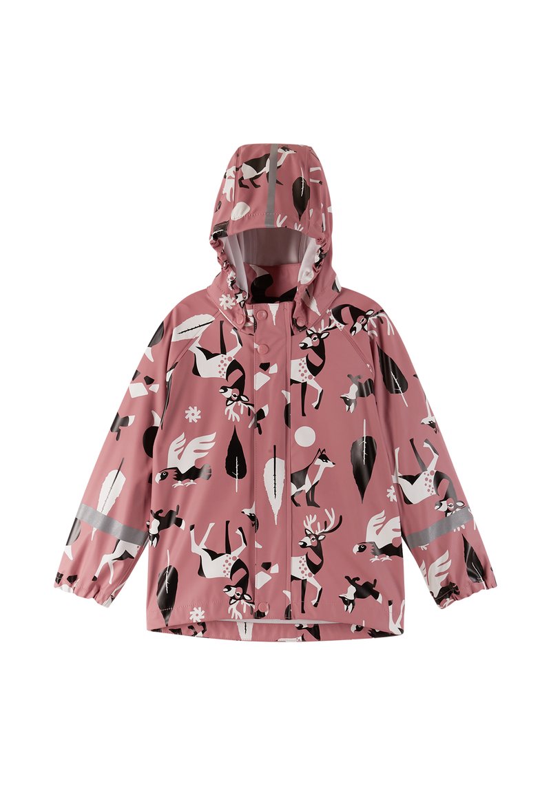 Vodoodporna roza dežna jakna z črno-belimi vzorci živali in listov. Ima kapuco in odsevne detajle na rokavih.