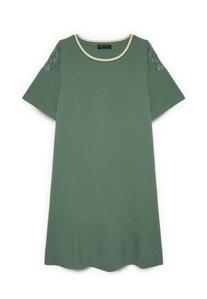 Kortærmet knælange grøn kjole med cremefarvet kant ved rund halsudskæring og blomsterblonde detaljer på skuldrene.