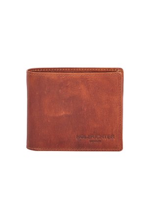Brown leather wallet with a smooth texture, featuring a minimalist design and embossed brand logo on the front. Compact and rectangular shape.