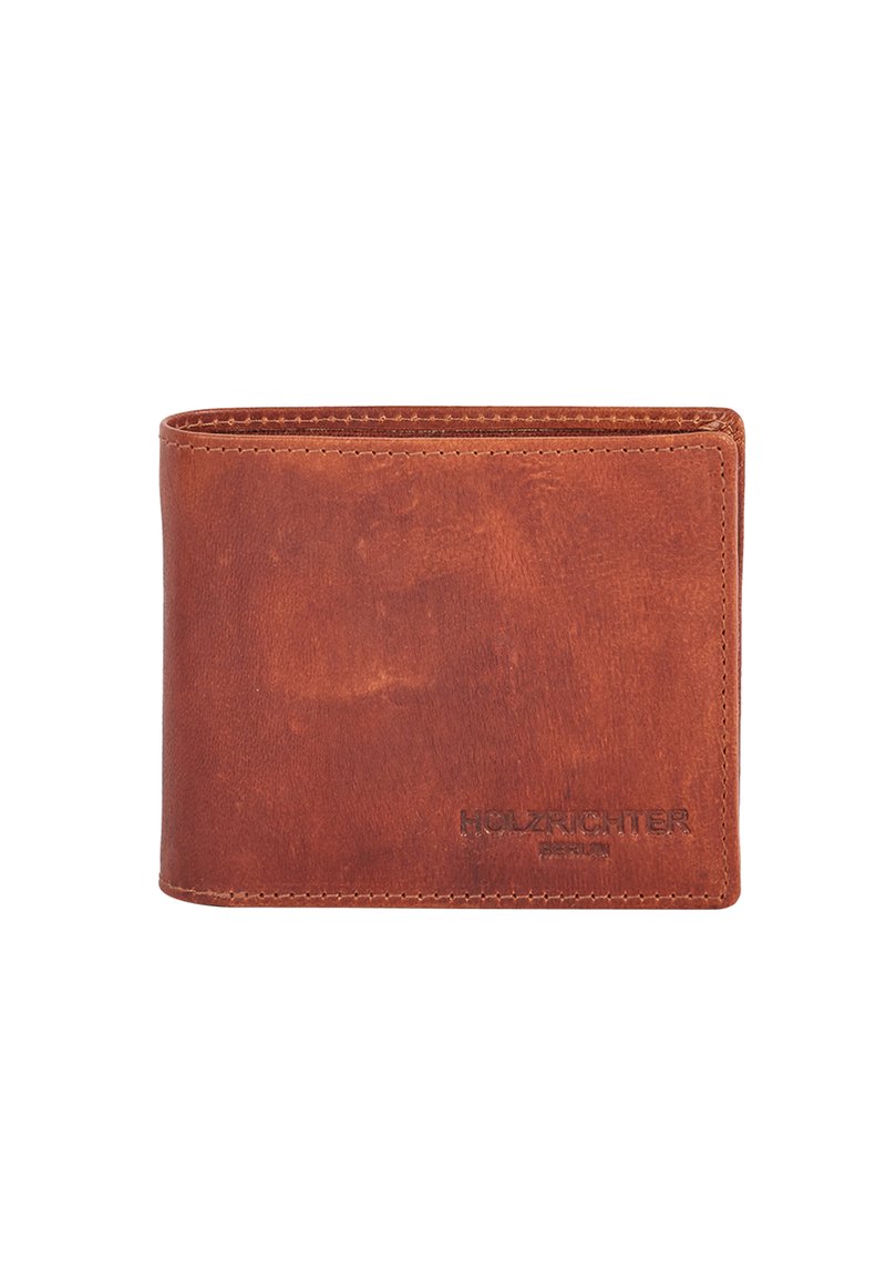 Brown leather wallet with a smooth texture, featuring a minimalist design and embossed brand logo on the front. Compact and rectangular shape.
