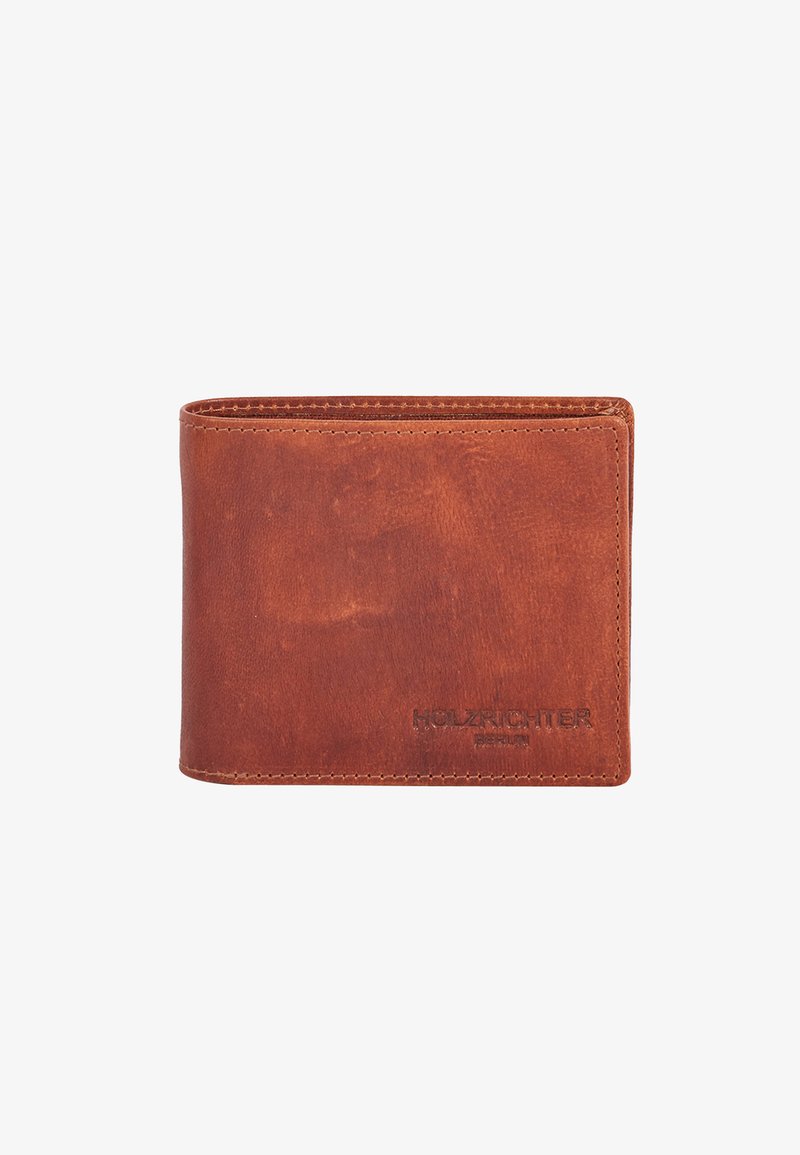 Brown leather wallet with a smooth texture, featuring a minimalist design and embossed brand logo on the front. Compact and rectangular shape.