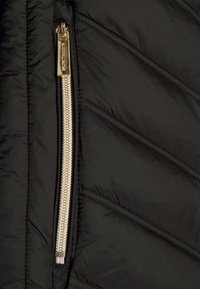 Schwarze Daunenjacke mit einem metallischen Reißverschluss. Sie weist eine gesteppten Struktur mit diagonalen Nähten auf und hat einen glänzenden goldenen Reißverschluss-Zug. 