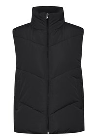 Czarna pikowana kamizelka z wysokim kołnierzem, przednim zamkiem błyskawicznym i dwoma bocznymi kieszeniami. Posiada przeszycia w kształcie litery V na całej powierzchni, dodające tekstury.