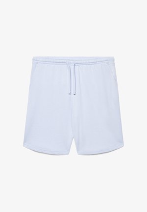 Pantaloncini casual azzurri con fascia elastica in vita e coulisse, dotati di tasche laterali e design semplice.