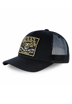Black baseball cap with structured front, mesh back, and a gold embroidered logo patch featuring an eye and text. Flat brim design.