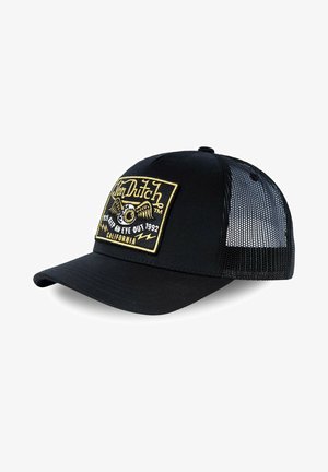 Black baseball cap with structured front, mesh back, and a gold embroidered logo patch featuring an eye and text. Flat brim design.