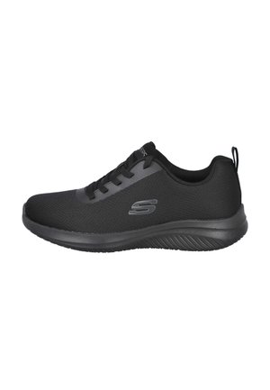 Zapatilla deportiva negra Skechers con parte superior de malla, cierre de cordones, suela acolchada y logo de la marca en el lateral, mostrada en vista de perfil.