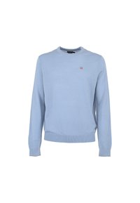 Lichtblauwe crewneck sweater met lange mouwen en een klein Noors vlagembleem op de linkerborst.