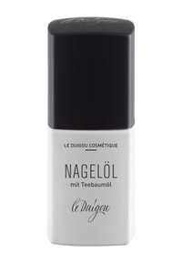 Nagelöl in einer rechteckigen weißen Flasche mit schwarzem Deckel. Der Text lautet "NAGELÖL mit Teebaumöl" und "le Duigou." Seidige matte Oberfläche.