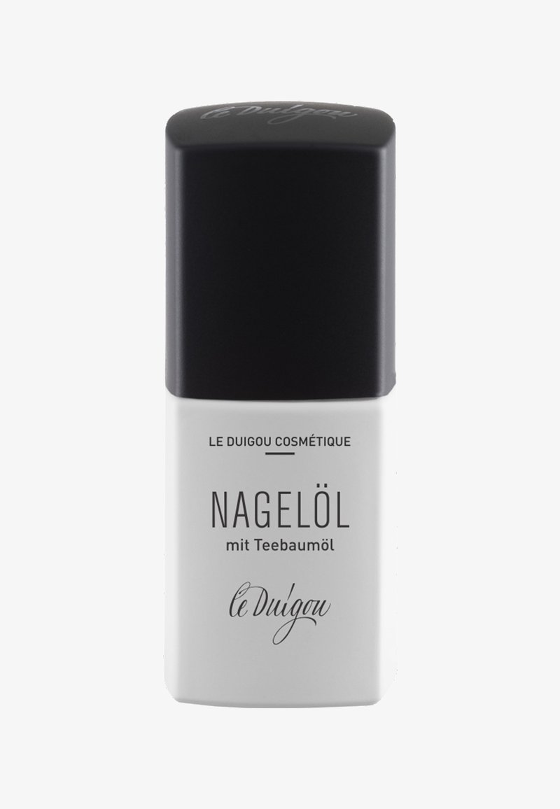 Nagelöl in einer rechteckigen weißen Flasche mit schwarzem Deckel. Der Text lautet "NAGELÖL mit Teebaumöl" und "le Duigou." Seidige matte Oberfläche.