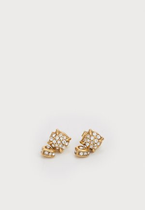 Gold-tone stud earrings featuring round clusters of clear rhinestones, accented with curled metallic details. Glossy finish, modern design.
