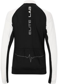 Schwarz-weiße Langarmjacke aus atmungsaktivem Material, mit taillierter Passform, einem Herzschlag-Graphic und dem Markennamen "ELITE LAB" auf dem Rücken.