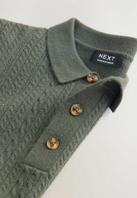 Mörkgrön stickad polo med en texturerad diamantskiss, tre bruna knappar och en "NEXT"-label sömnad i kragen.