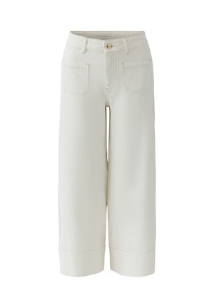 Off-white wijde cropped broek met steekzakken aan de voorkant, riemlussen, knoopsluiting en brede zomen.