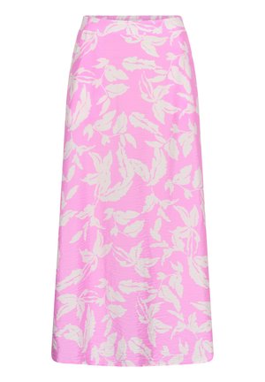 Jupe midi rose avec motif floral blanc à feuilles, coupe droite et taille haute.