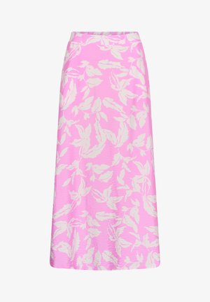 Jupe midi rose avec motif floral blanc à feuilles, coupe droite et taille haute.