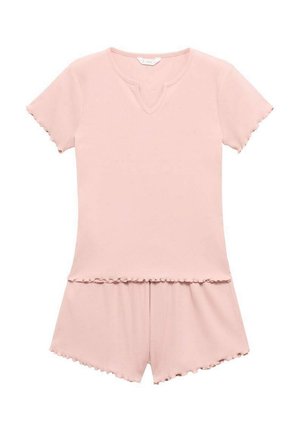 Ružový pyžamový set s krátkymi rukávmi, okrúhlym výstrihom, volánovými okrajmi a voľným strihom vršku, doplnený o zodpovedajúce šortky. Mäkká textúra.