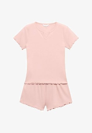 Ružový pyžamový set s krátkymi rukávmi, okrúhlym výstrihom, volánovými okrajmi a voľným strihom vršku, doplnený o zodpovedajúce šortky. Mäkká textúra.