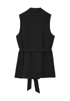 Gilet nero senza maniche con colletto, cintura in vita, caratterizzato da una texture liscia e un taglio dritto, senza tasche né decorazioni.