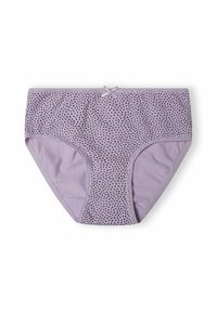 Culotte en coton violet clair avec des pois noirs, présentant un petit accent en forme de nœud sur la taille et des bords élastiques lisses.