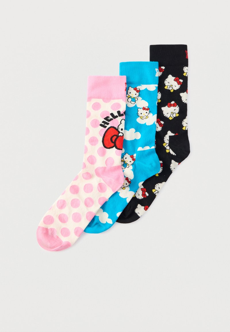 Τρία ζευγάρια καλτσών με θέμα την Hello Kitty: ροζ με μεγάλες βούλες, μπλε με σύννεφα και μαύρες με πολλά πρόσωπα της Hello Kitty.