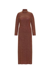 Langes, tailliertes Kleid mit Stehkragen, aus schimmerndem, strukturiertem Stoff in einem tiefen Burgunderrot. Mit langen Ärmeln und gerader Silhouette.