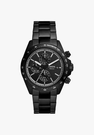 Sort metal Fossil kronograf ur med tachymeter bezel, tre underskiver til dag, 24 timer, dobbelt tid og et datovindue kl. 3.