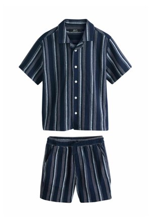 Navy blue short-sleeve button-up shirt and matching shorts set with vertical white and gray stripes, elastic waistband, and side pockets.