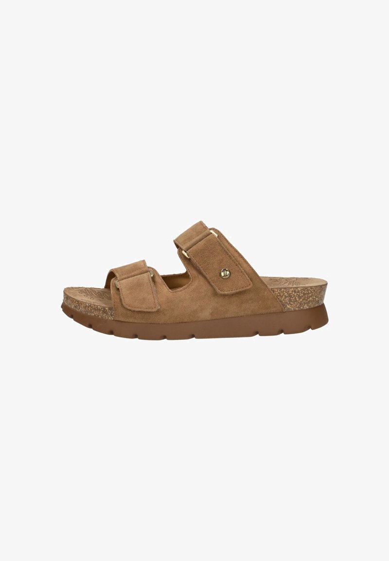Brown suede slide sandal with two adjustable straps and a textured sole for casual wear.