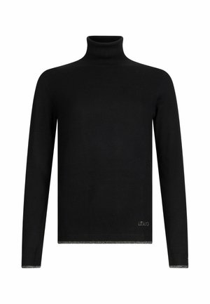 Čierny rolák vyrobený z mäkkej látky, s dlhými rukávmi, priliehavým strihom a diskrétnym strieborným akcentom na okraji s logom.