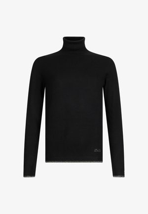 Musta poolneule, joka on valmistettu pehmeästä kankaasta. Siinä on pitkät hihat, vartalonmyötäinen malli ja hillitty hopeinen yksityiskohta helman logossa.