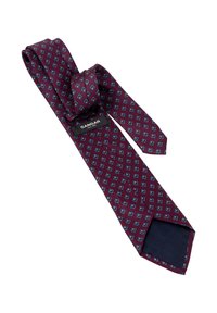 Bordeaux zijden stropdas met een diamantpatroon in blauw en wit. Tapered vorm met een effen marineblauwe voering en een logo label.