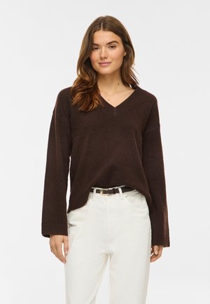 VILA, VILIGA L/S REV V-NECK KNIT TOP - NOOS - Pullover - coffee bean melange