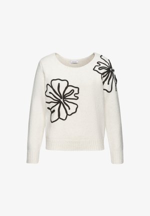 Weißer Pullover mit schwarzer floralem Stickerei an der linken Schulter und Vorderseite. Hat einen runden Halsausschnitt sowie gerippte Säume und Bündchen.