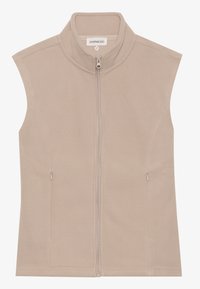 Vesta din fleece bej fără mâneci, cu guler înalt, fermoar frontal și două buzunare laterale. Textură moale și design aerodinamic.