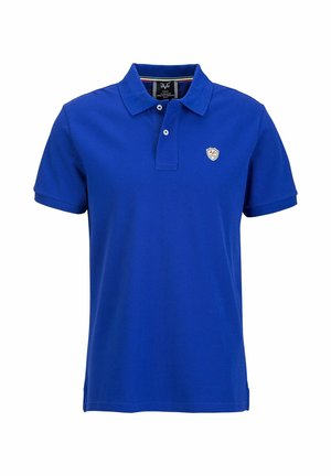 Blaues Poloshirt aus Baumwolle mit klassischem Kragen, mit zwei Knöpfen an der Knopfleiste und einem kleinen Emblem auf der linken Brust. Kurze Ärmel.