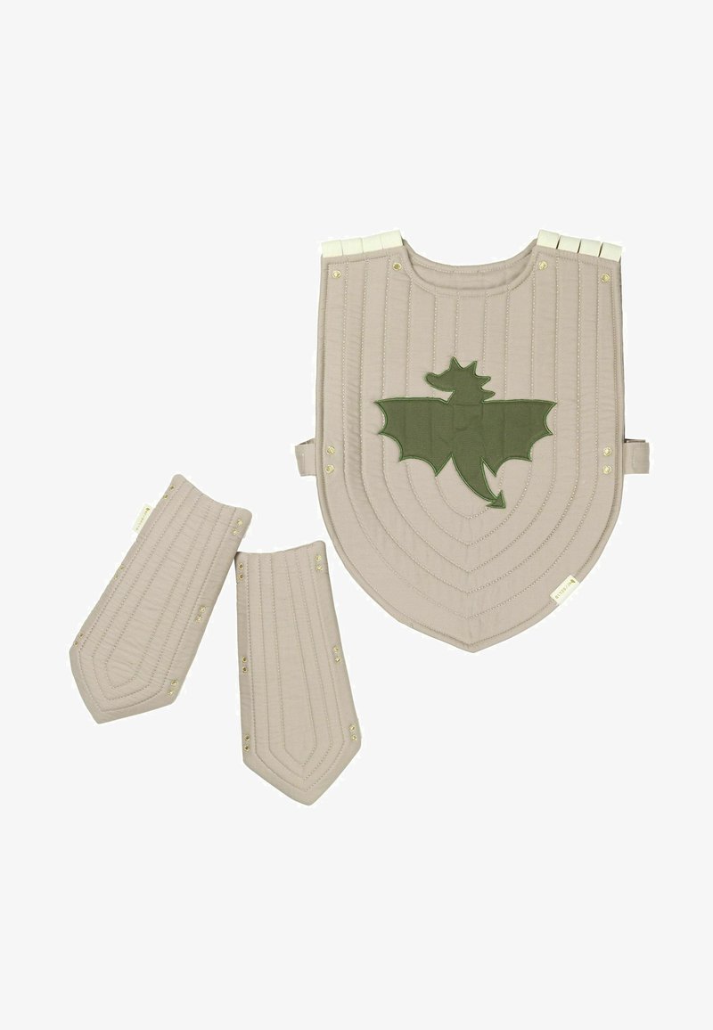 Beige polstret rustning med grønt drage-design, der har lodret quiltning, guldhardware og inkluderede matchende skulderstykker.