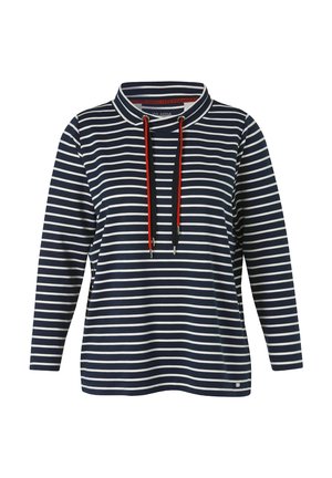 Marineblaues Langarmshirt mit weißen horizontalen Streifen, hohem Kragen und roten Kordeln, die vom Ausschnitt herunterhängen.