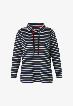 Marineblauw shirt met lange mouwen en witte horizontale strepen, een hoge kraag en rode trekkoorden die aan de halslijn hangen.