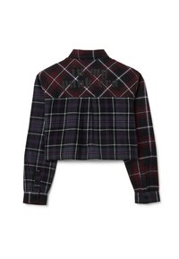 Camicia a quadri nera cropped con motivi rossi, grigi e viola. Sul retro è presente testo in grassetto nero. Include polsini abbottonati.