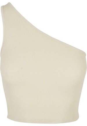Asymmetrisk ribbet crop top i lys kremfarge. Har en en-skulder-design og myk tekstur, med en tettsittende silhuett og rene sømmer.
