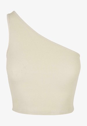 Asimetrisks ribots krūšturis gaiši krēms krāsā. Tam ir vienas pleca dizains un mīksta tekstūra, ar pieguļošu siluetu un tīrām šuvēm.